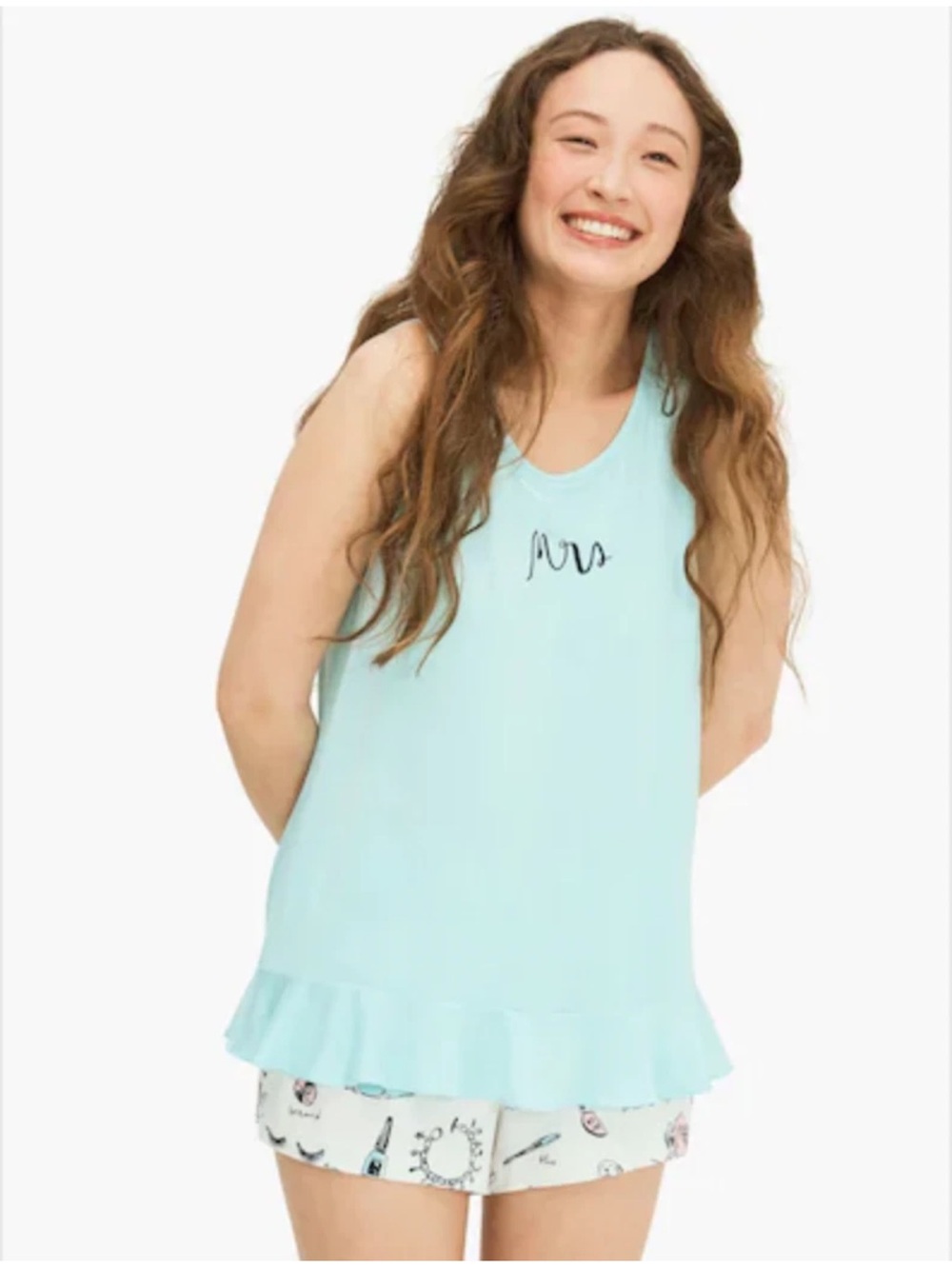 kate spade Aqua Ruffle-Hem Sleep Tank with Script Chest Detail